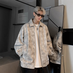 Tie-dyed PU Leather Jacket Men's Spring and Autumn 2024 New Vintage Deconstruction Trendy Brand Youth Casual Lapel Jacket