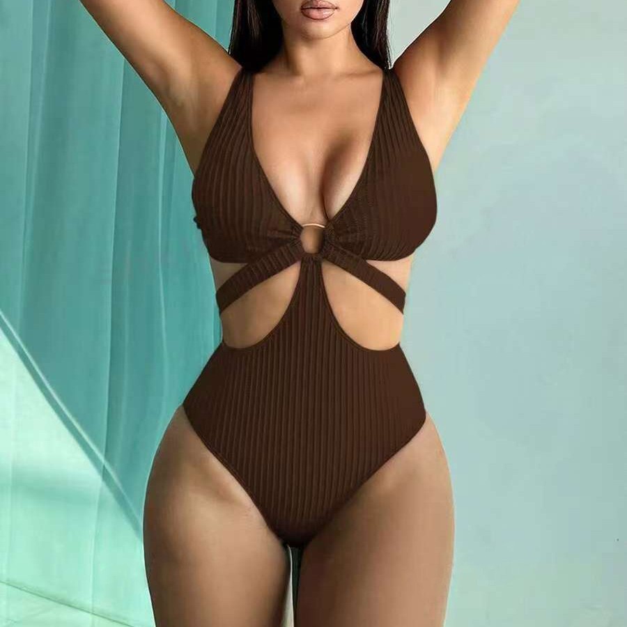 Women's sexy one-piece swimsuit with loop details V-neck solid color…