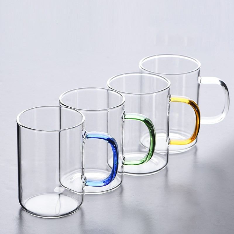 Straight Glass Cup Breakfast Cup Milk Juice Cup Household Large Capacity Transparent Single-Layer Cup Colorful Handle Mug