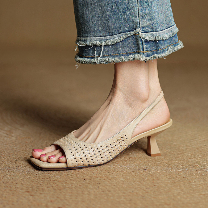 Summer New Style Hollow Sandals for Women, Stiletto Heels, French Open-Toe Back Strap High Heels with Skirts, Women's Shoes, Off-White Summer New Style Hollow Sandals for Women, Stiletto Heels, French Open-Toe Back Strap High Heels with Skirts, Women's Shoes, Off-White
