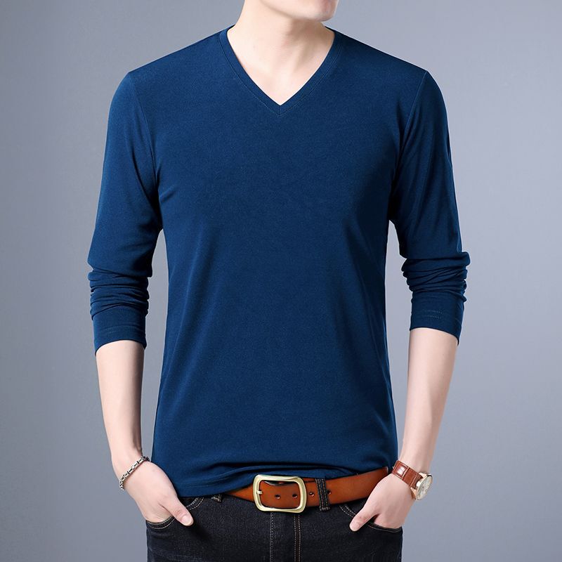 Long-sleeved T-shirt men's solid color undershirt chicken heart V-neck top Joker base shirt can be worn outside autumn clothes inside clothes wholesale