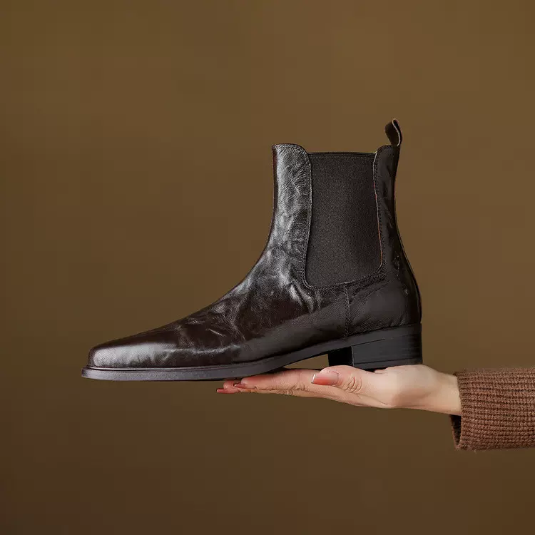 手抓头层羊皮厚底松紧短靴复古风舒适软皮耐磨马丁靴女靴切尔西靴