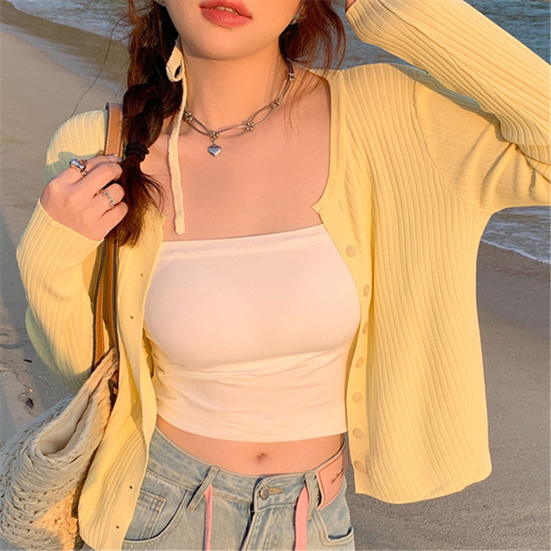 Yellow Cardigan Thin Women's Knitwear 2024 New Coat Spring and Autumn Sweater with Slip Skirt Small Outer Top