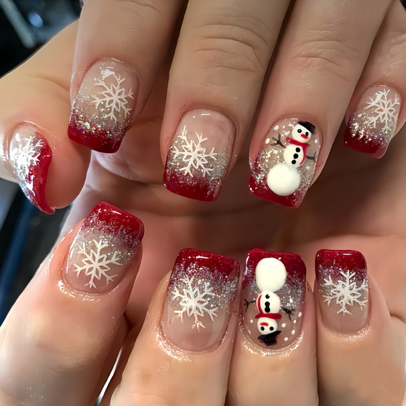 Red French loose powder fake nails Christmas snowman snowflake suitable for autumn and winter nail press on nails
