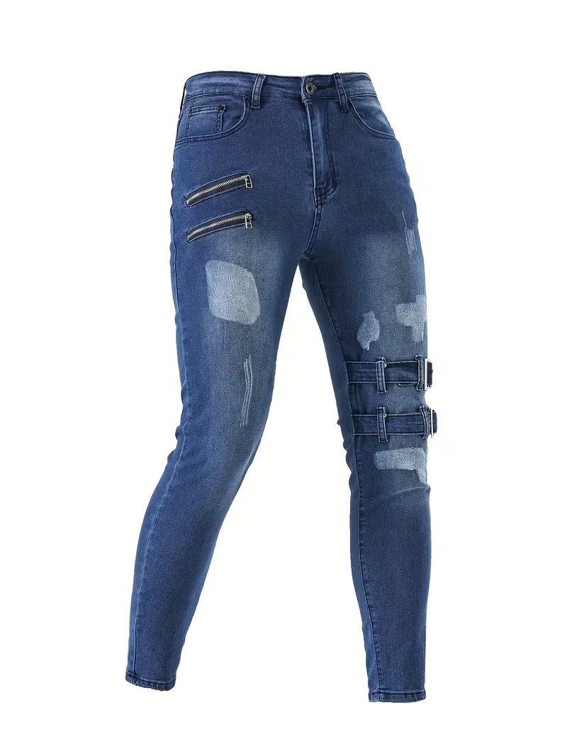 Jeans uomo slim fit neri strappati in denim elasticizzato_voghion.com