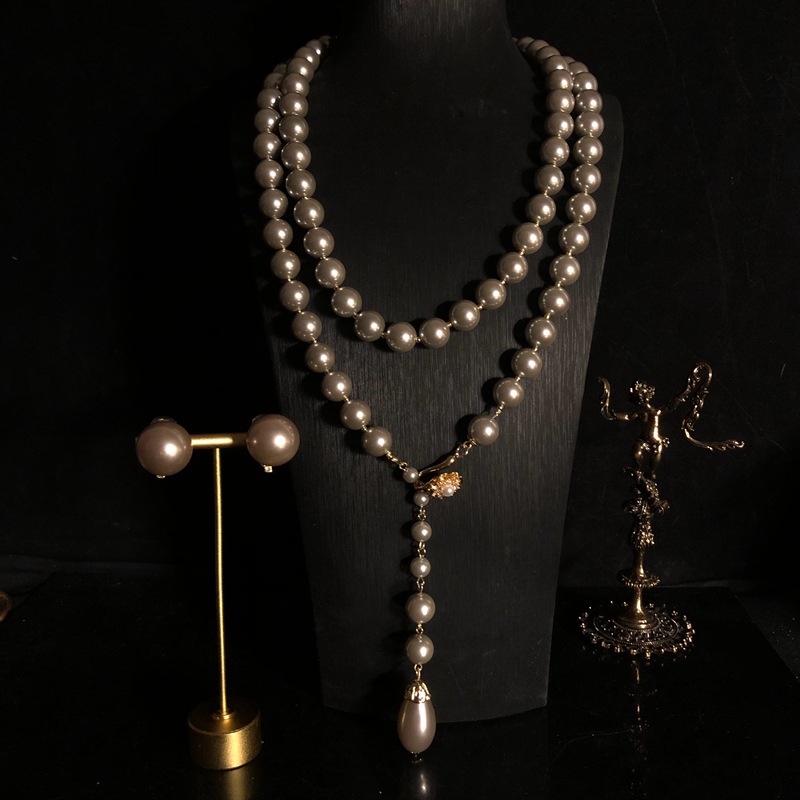 Collana lunga vintage in vetro grigio stile western, catena per maglione, fermaglio per orecchini con perle barocche, moda versatile, stile_voghion.com