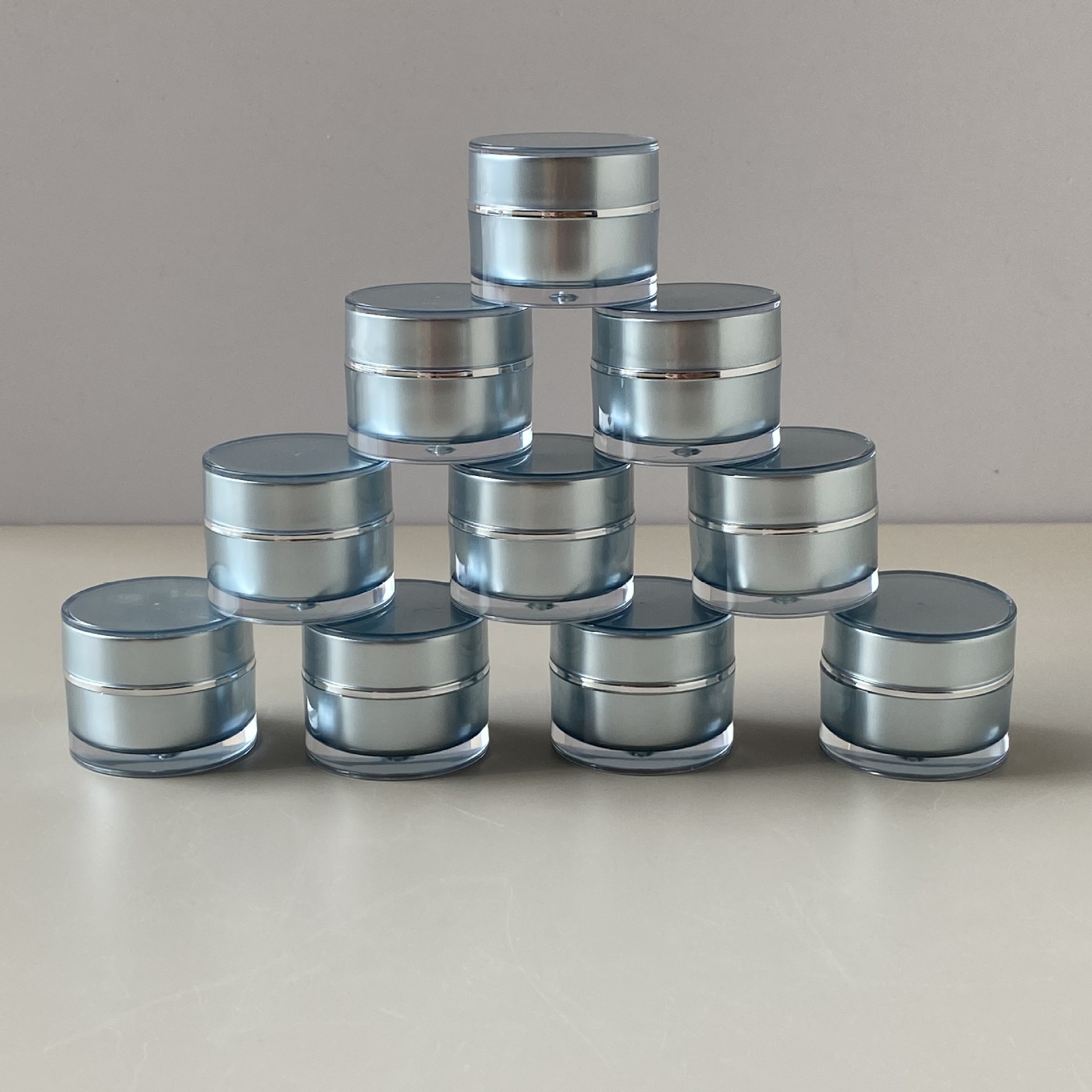 蓝色甲油胶罐直圆形亚克力PS5g10g化妆品双层膏霜盒试用装分装瓶