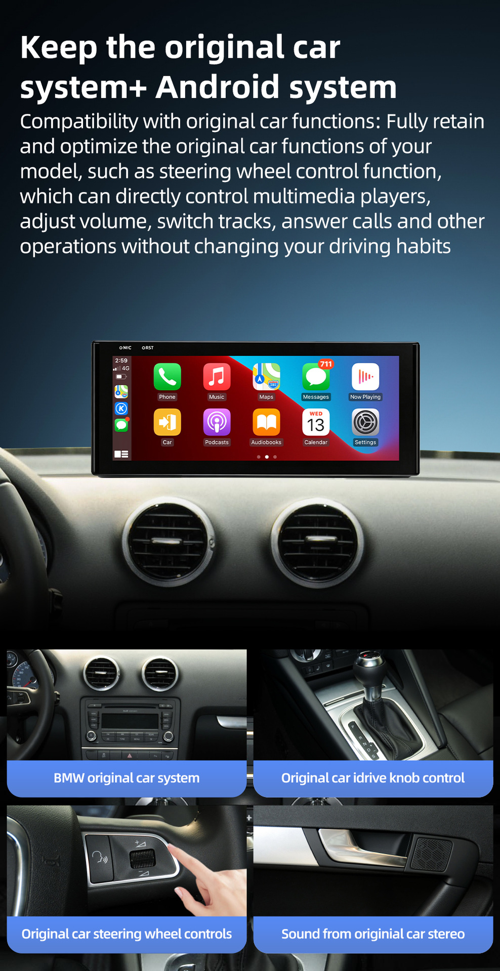 Car-mounted central control large screen suitable for Audi A3 8V 2013-2018, Android navigation, Bluetooth, wireless Carplay