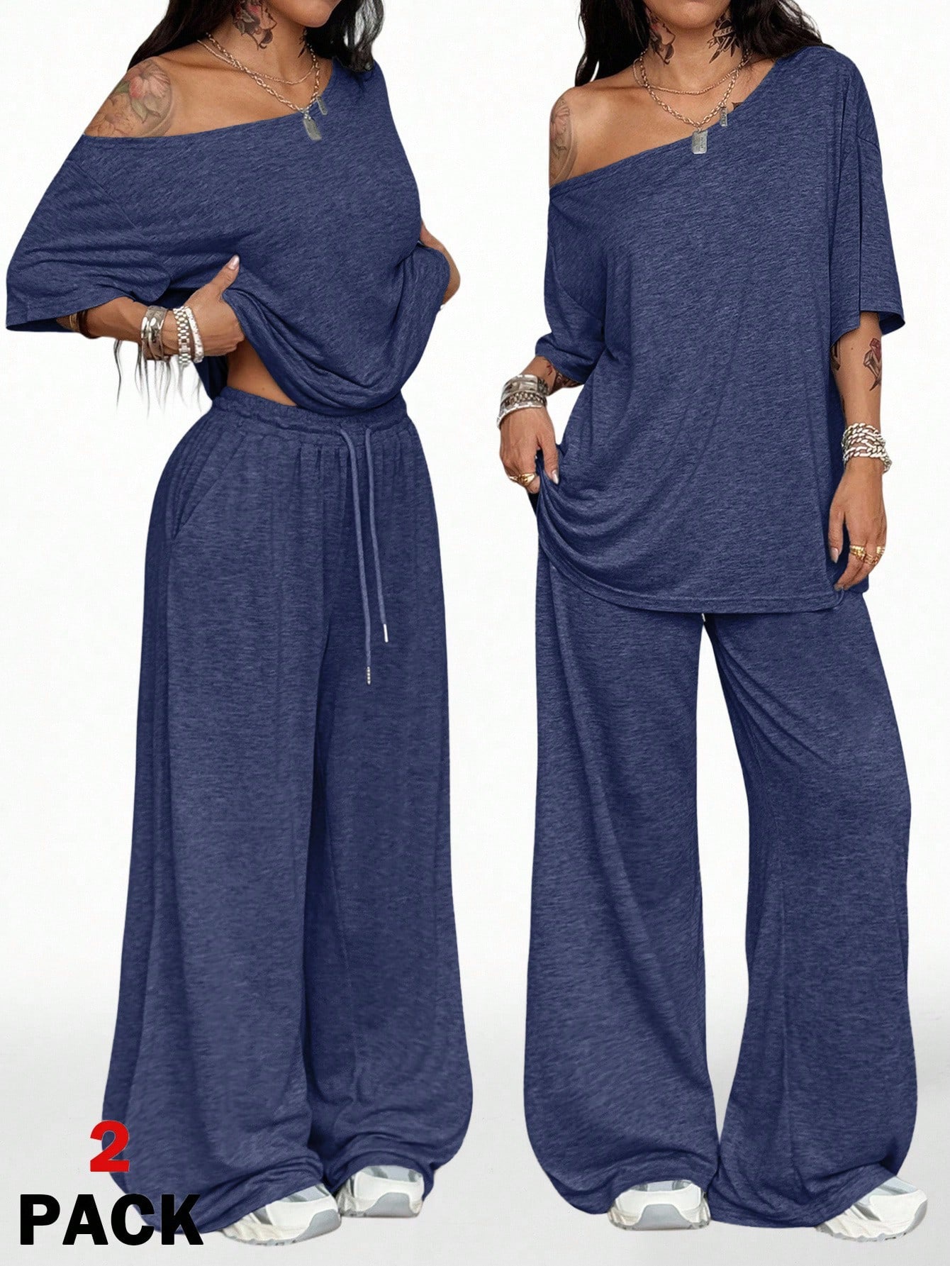 2026 Women's Casual Solid Color Oblique Neck Wide Leg Pants Set Sports Two-piece Set Loose Pants_ecoleips.com