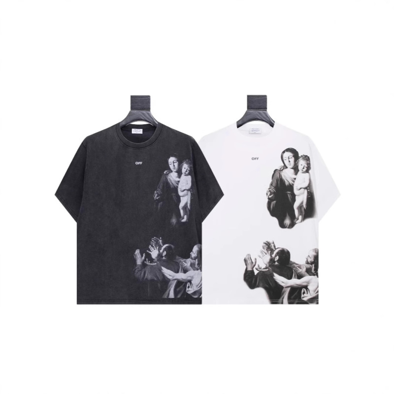 Spring 2025 New Off-White Men's and Women's Retro Oil Painting Printed Double Yarn Cotton T-Shirt
