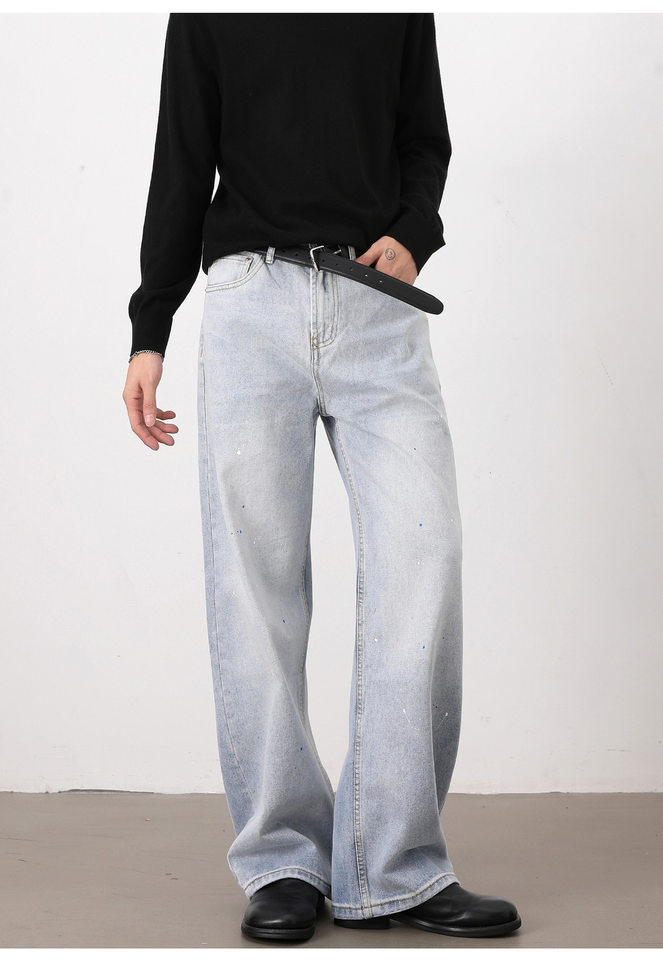 Quần jeans nam ống rộng dáng suông giặt mài họa tiết vẩy mực — Màu xanh dương chi tiết 16