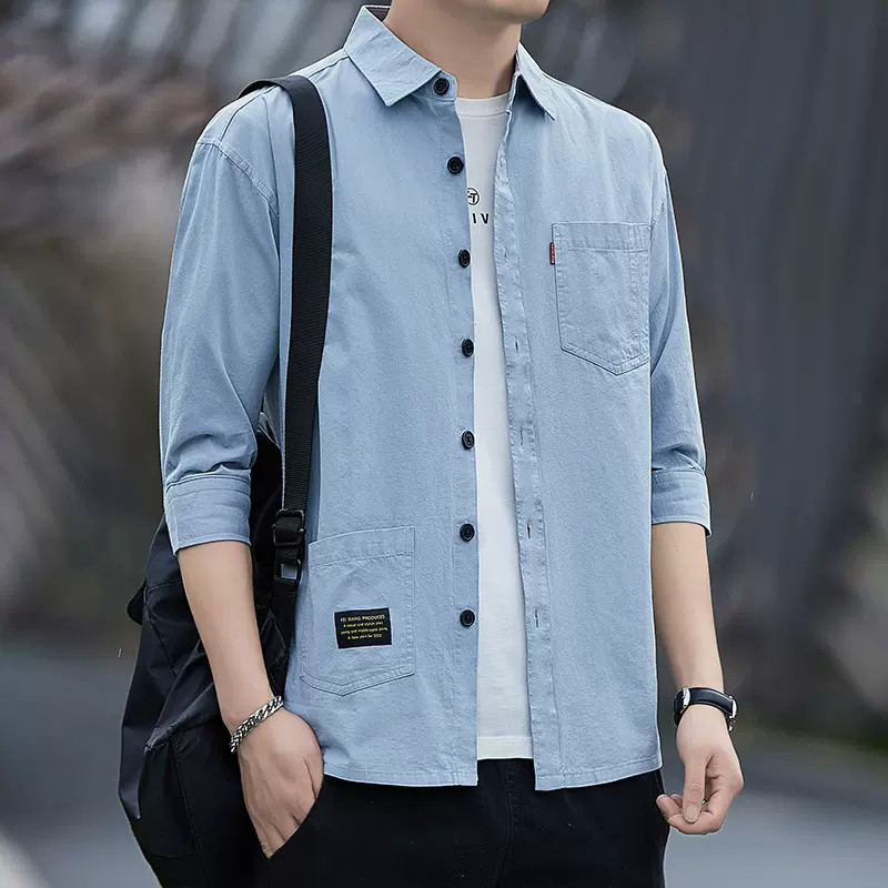 2025款夏季潮流百搭七分袖衬衫 男士工装衬衣宽松版短袖上衣外套