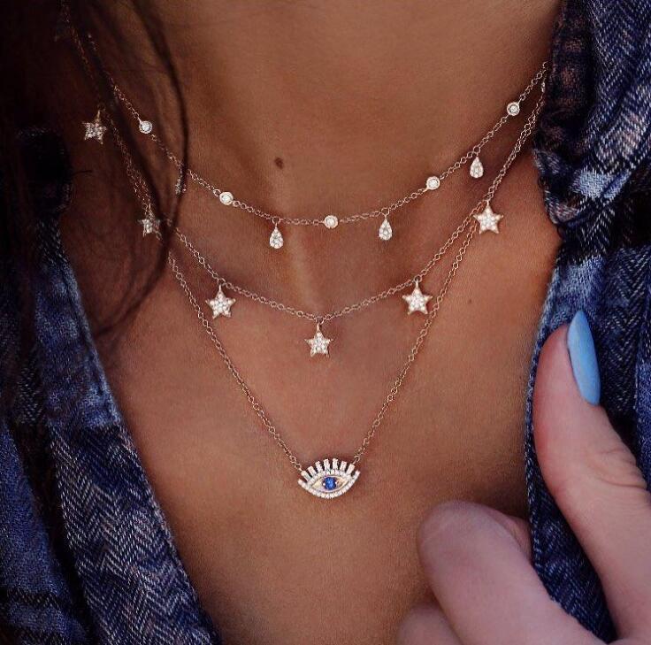 European And American Retro Water Drop Five-pointed Star Rhinestone Creative  Eyes Blue Three-layer Necklace display picture 2