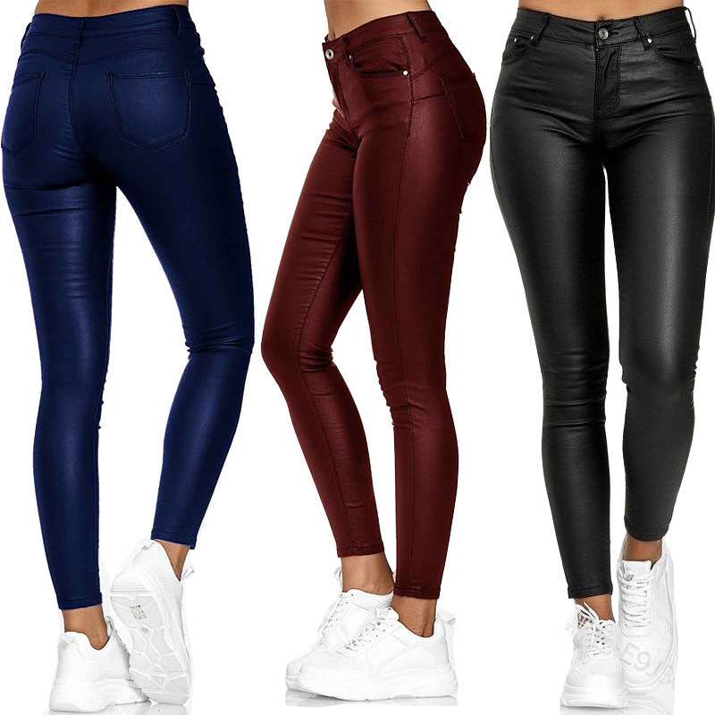 2023 Spring New Amazon wish Solid Color Leather Casual Pants Leggings Women's Trousers for Foreign Trade E9J361