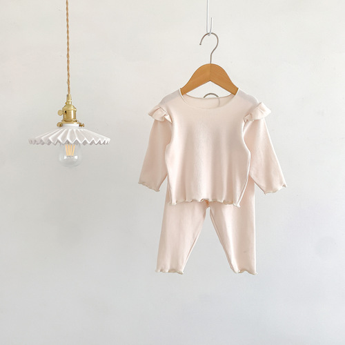 Korean style home clothes for infants and young children, sweet little flying sleeves tops and pants for baby girls, stretchy and comfortable cotton suit with fungus
