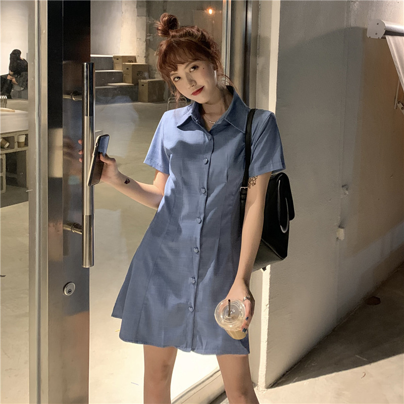 甜酷风炸街polo领衬衫短裙单排扣日系学院风可盐可甜小个子连衣裙