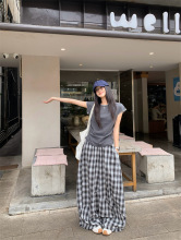 休闲套装灰色正肩圆领短袖T恤女夏季格纹阔腿裤宽松拖地裤两件套