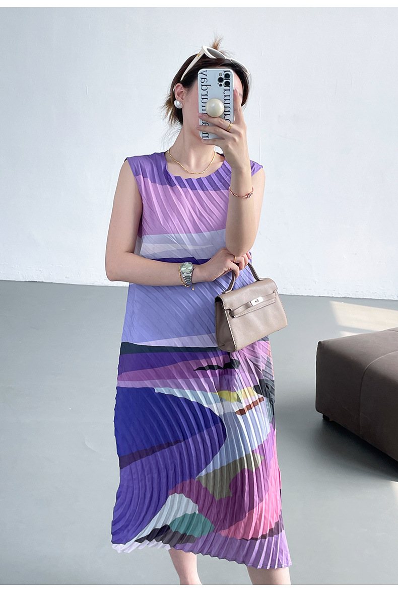 Váy maxi xếp ly in họa tiết hai dây dáng rộng thanh lịch — Màu xanh lam chi tiết 15