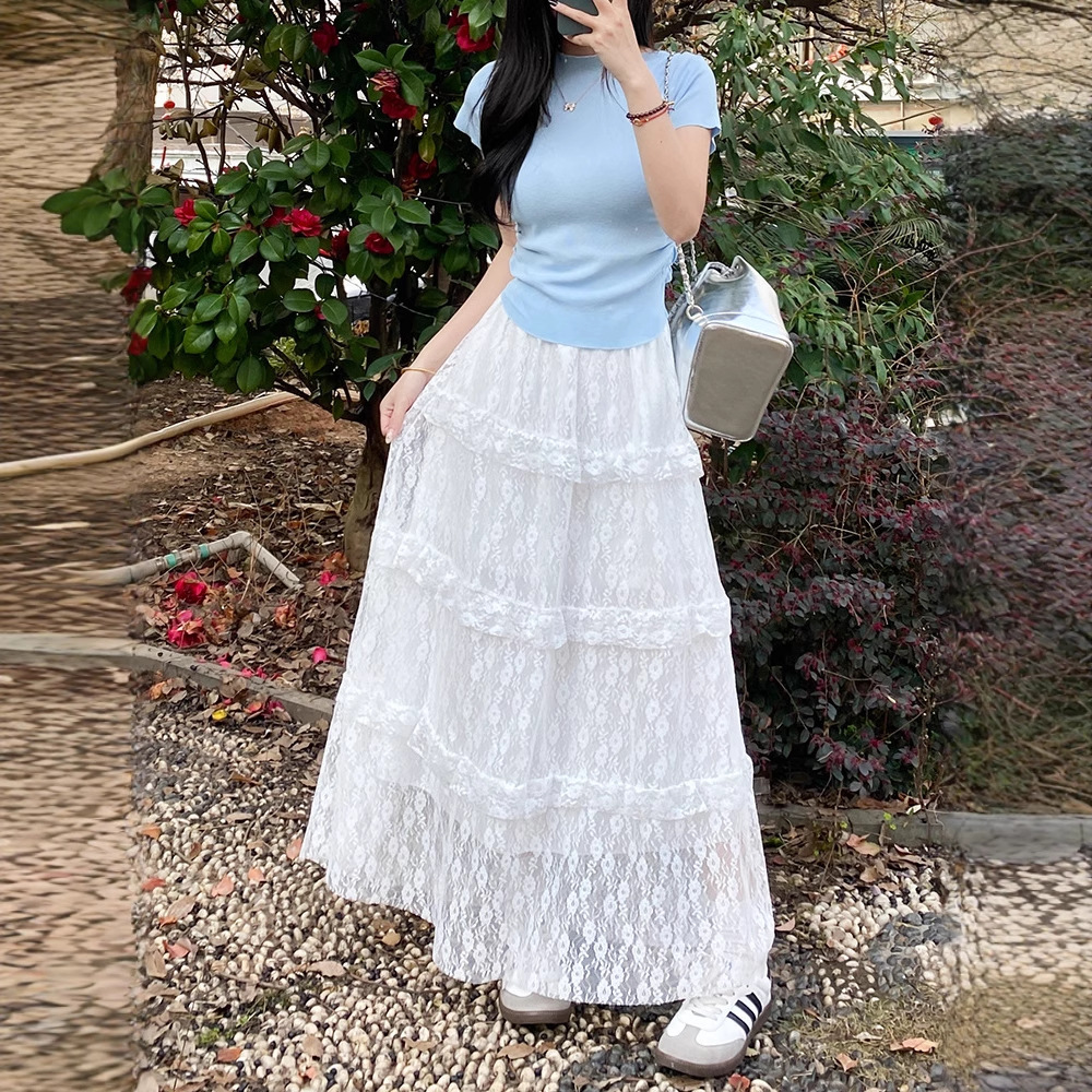 White Lace Skirt for Women 2025 High-Waisted A-Line Mesh Long Skirt Petite Summer Tiered Skirt Preppy Style