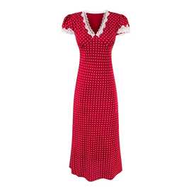 亚马逊批发2025夏季女装新款欧美风V领红色波点中长款连衣裙