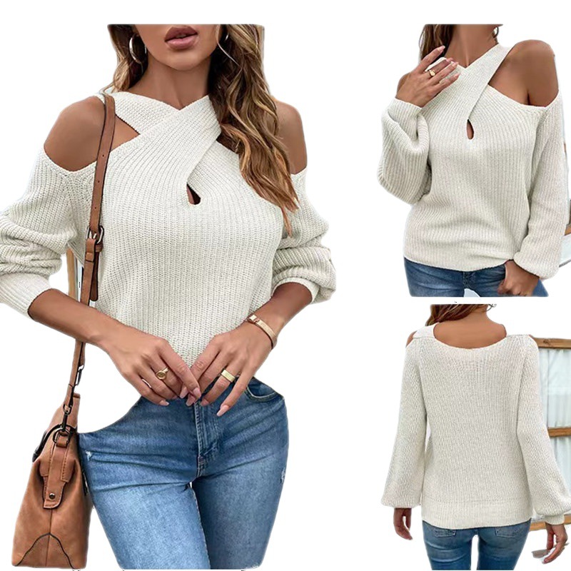 Women's new solid color off-the-shoulder cross backless collar lantern sleeve women's sweater_voghion.com