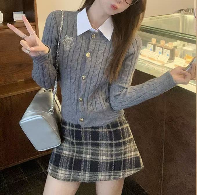 慵懒风绣圆领毛衣女2025新百搭开衫小香风针织时尚气质设计感甜美|undefined