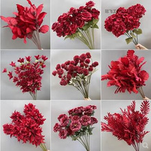 红色系婚庆花艺婚礼背景装饰插花花材玫瑰尤加利仿真花室内客厅摆