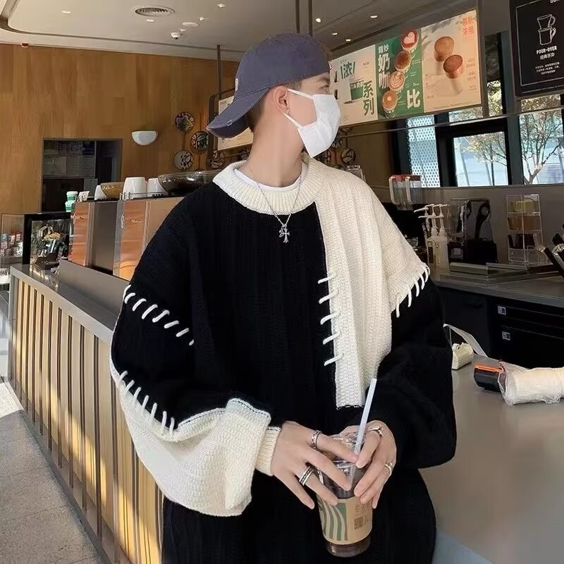 拼接撞色毛衣男生秋冬季潮牌宽松休闲韩版慵懒风设计感套头针织衫|undefined