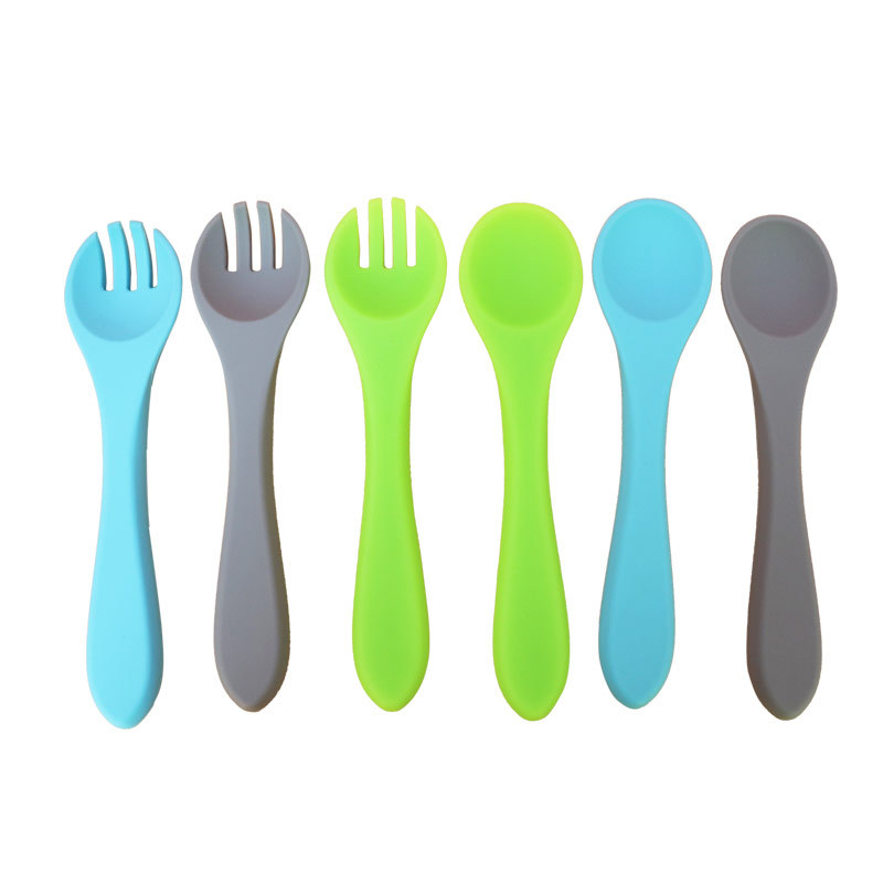 Silicona grado alimenticio comer cuchara de entrenamiento Tenedor respetuoso del medio ambiente silicona niños alimentación cuchara FDA certificado cuchara de silicona Tenedor