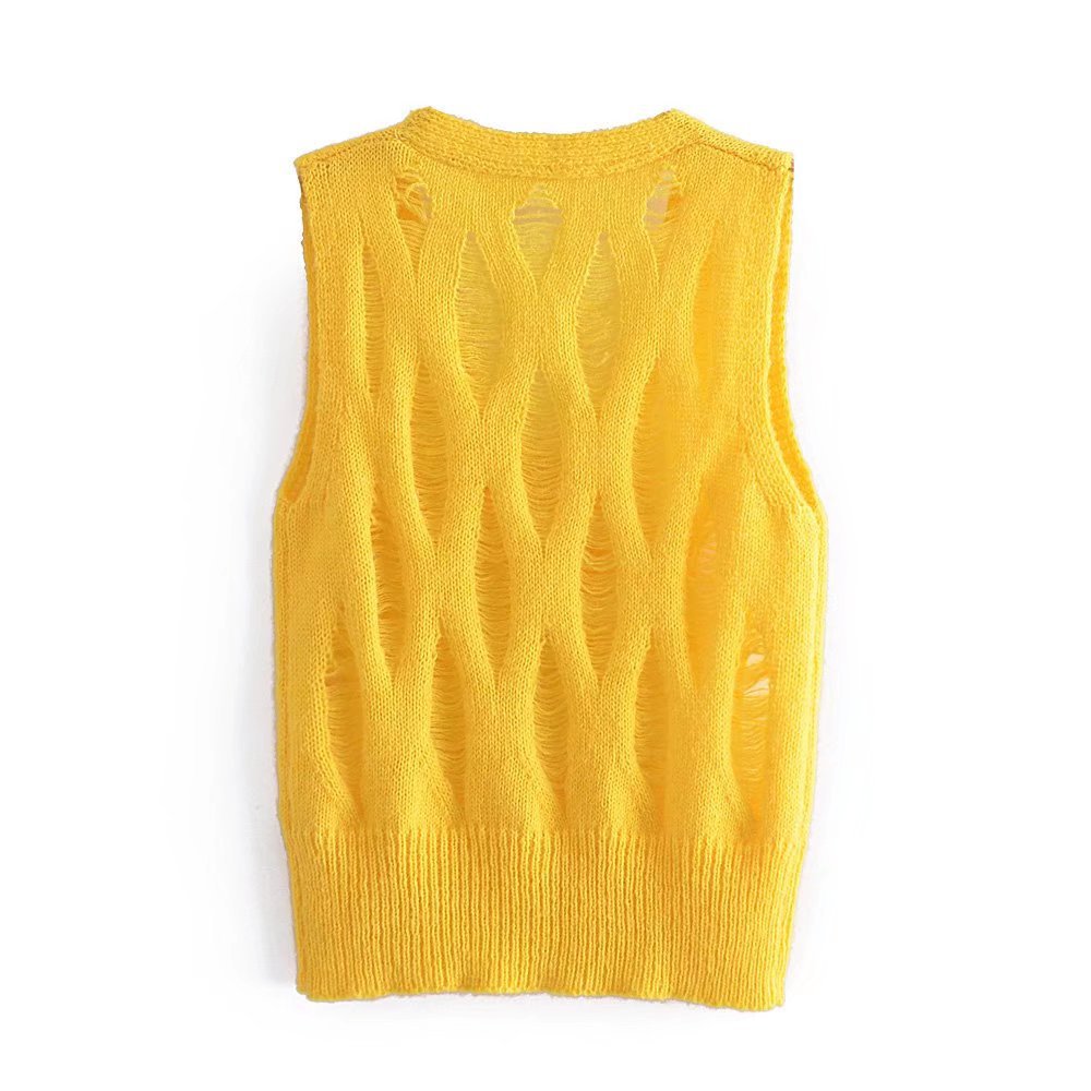 Yellow Ripped Knitted Vest NSXFL103686