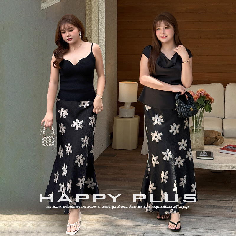 Runqi Plus Size Printed Fishtail Skirt 9504 Starry Flower Shadow Slanted Cut Fishtail Satin Skirt Plus Size Women's Clothing