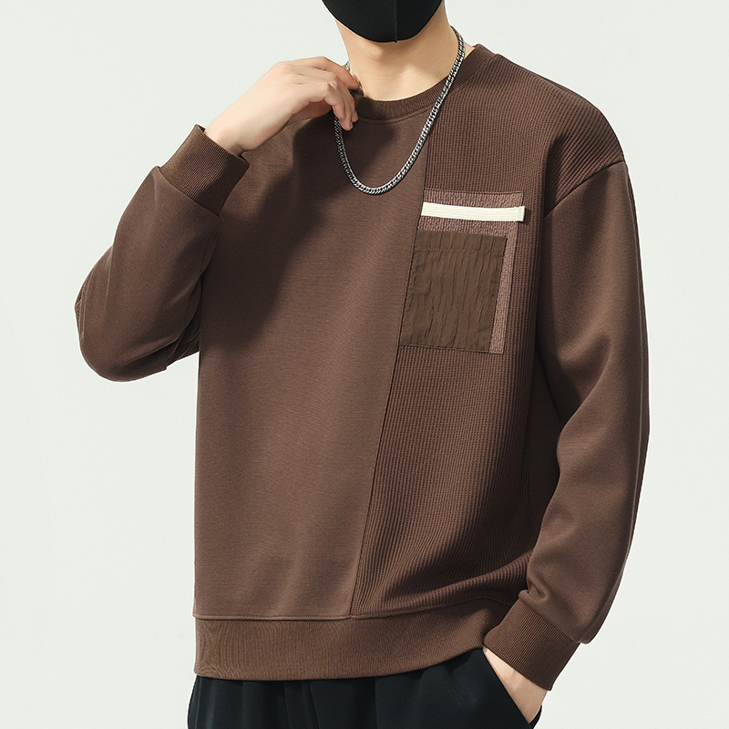 2026 Autumn New Men's Trendy Patchwork Label Crew Neck Slim Fit Sweatshirt Base Layer Autumn/Winter 2026
