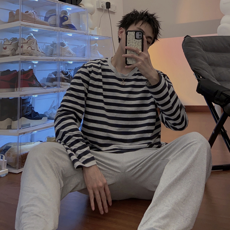 Pijamas de los hombres de manga larga de algodón de primavera y otoño delgada más el tamaño de prendas de vestir exteriores de los hombres pijamas de invierno homewear