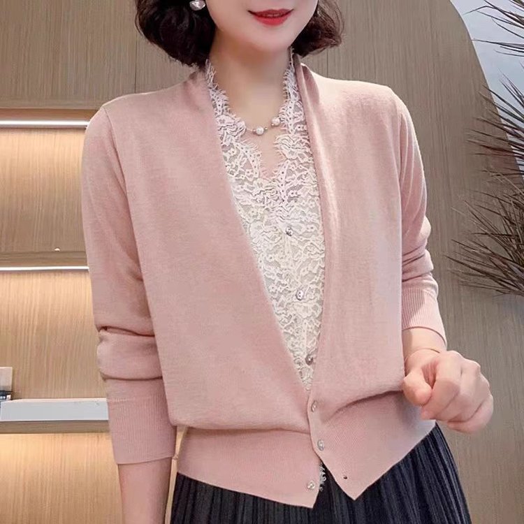 一件代发2025早春新品年轻妈妈洋气春装蕾丝假两件打底针织衫上衣|undefined