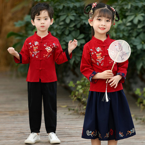 Boy girls Chinese folk dance costumes Tang Suit for Children Chinese new year hanfu baby outfit suits private Chinese wind two-piece chorus performance hanfu suit