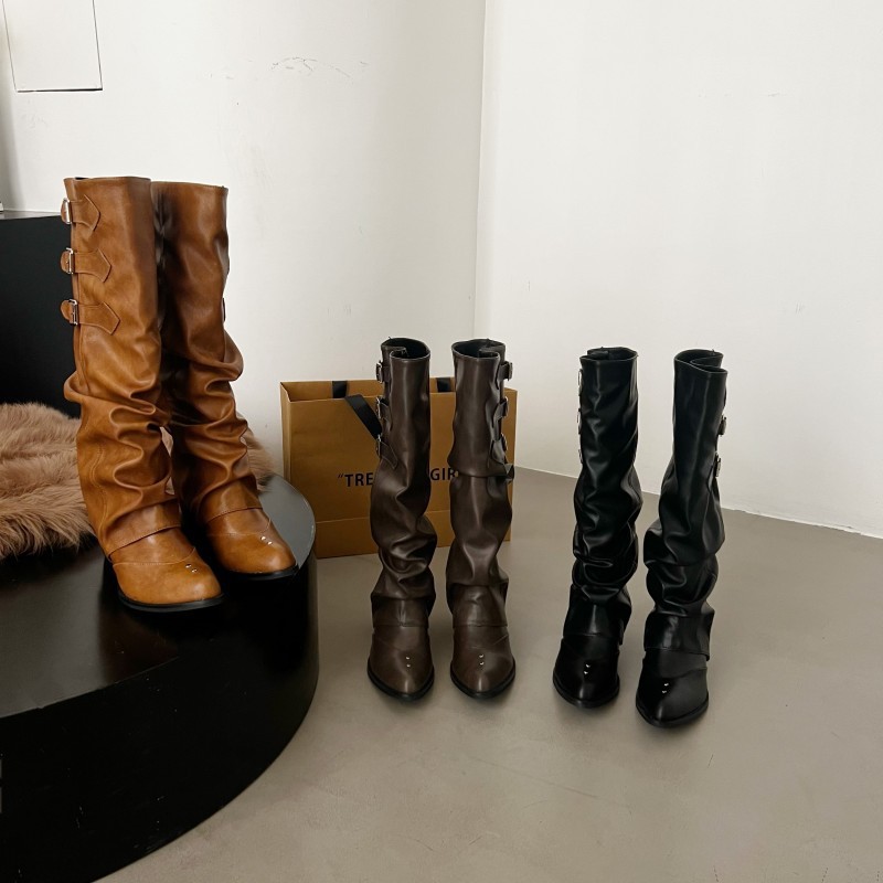Folded Heap Boots Women's Western Boots Thick Heel but Knee Belt Buckle Pants Boots