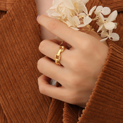 Euramerican Fashion Hip-Hop Style Hollow Chain Ring Creative Design Titanium Steel Plated 18K Gold Finger Accessory A127