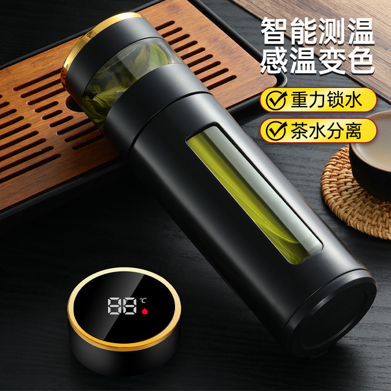 Smart temperature-measuring double-layer anti-fall plastic glass car cup portable filter tea cup tea water separation cup