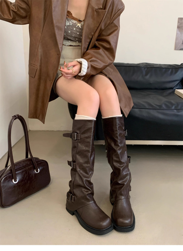 厚底百搭堆堆长筒靴皮带扣裤管靴女2025秋冬新款感牛仔骑士靴|undefined