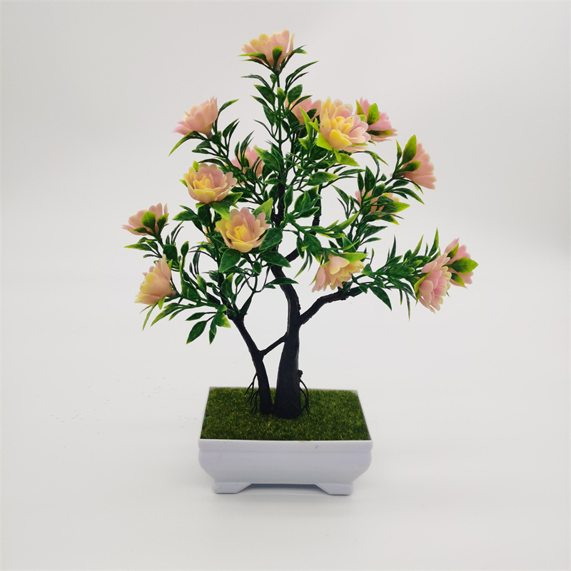 Simulatiounsplanz Bonsai Simulatiounsblumm Rous Kënschtlech Blumm Plastik Topf Indoor Home Desktop Dekoratioun Verméigensbam Ornamenter_voghion.com