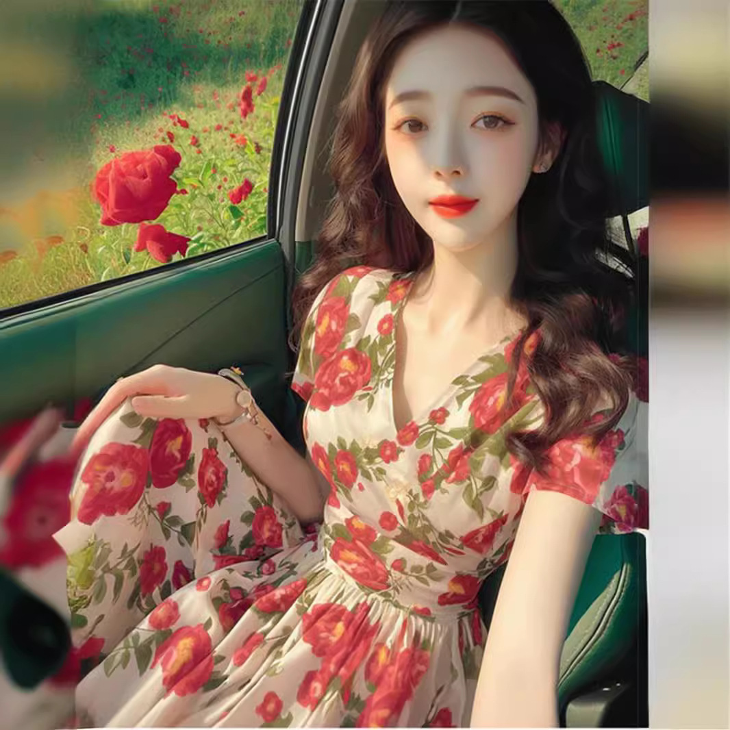 Đầm maxi nữ thắt eo họa tiết hoa nhỏ đỏ phong cách Pháp — màu sắc