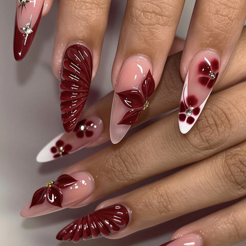 30 pieces of almond-shaped nail tips, best-selling cross-border, elegant rich burgundy color, with 3D adhesive flowers and rhinestone embellishments 30 pieces of almond-shaped nail tips, best-selling cross-border, elegant rich burgundy color, with 3D adhesive flowers and rhinestone embellishments