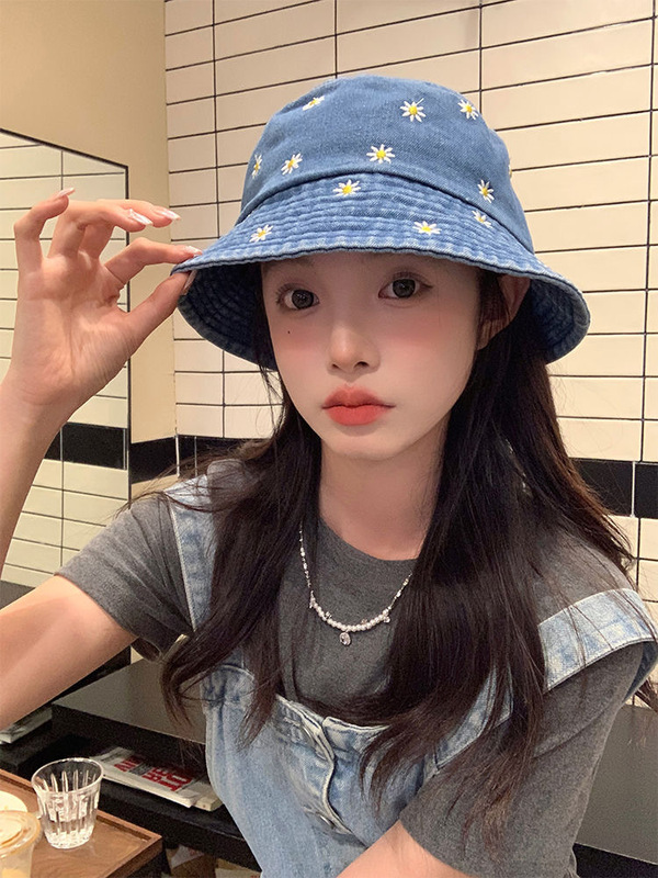 蝴蝶结牛仔渔夫帽女韩版甜美水洗刺绣盆帽春夏时尚百搭防晒遮阳帽|undefined