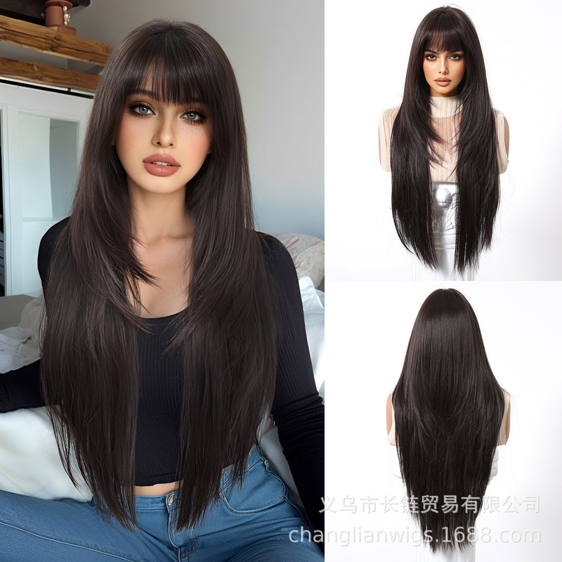 Wig for Women with Long Hair, Long Straight Hair, New Full Headband Air Bangs, Black Long Straight Layered Fashion Wig in Stock Wig for Women with Long Hair, Long Straight Hair, New Full Headband Air Bangs, Black Long Straight Layered Fashion Wig in Stock