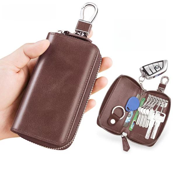 Large Capacity Genuine Leather Key Bag Men's Zipper Men's Car Key Bag Cowhide Multifunctional Waist Padlock Key Bag Women