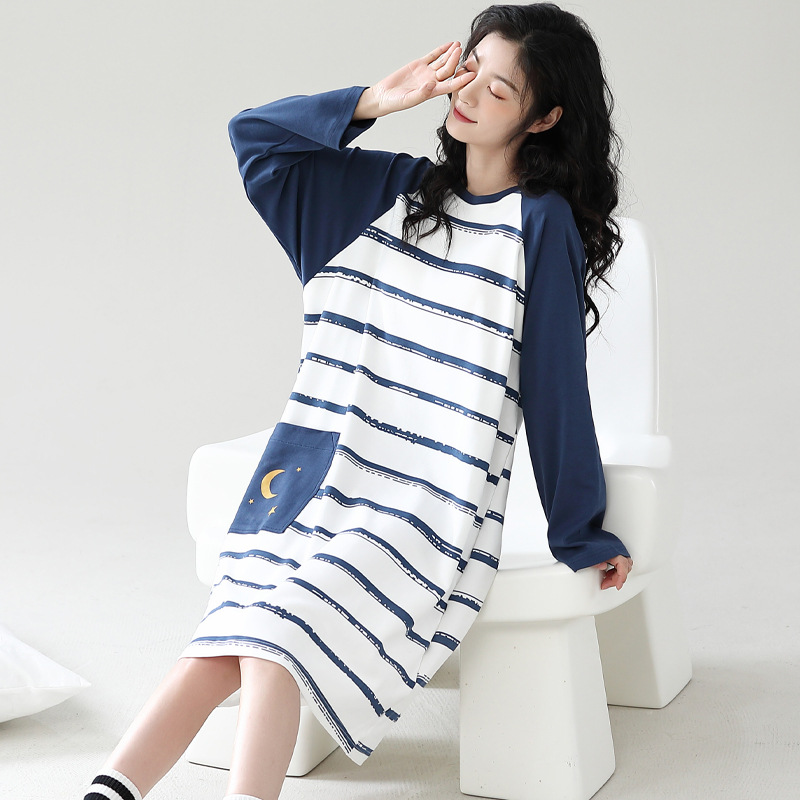 Camisón con almohadilla en el pecho Otoño e Invierno de las mujeres de manga larga de algodón puro pijamas de niña linda al por mayor de fábrica dulce directo se puede usar fuera