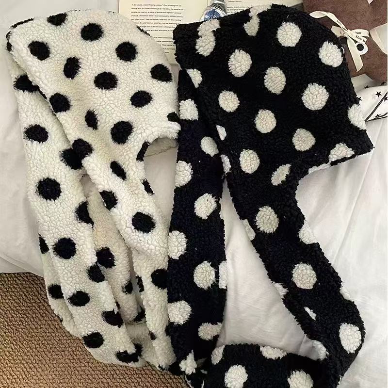韩版可爱波点羊羔毛帽子围脖一体套头帽女秋冬骑行保暖防风雷锋帽|undefined