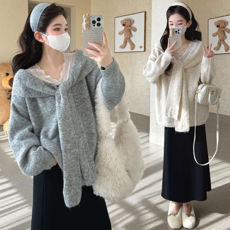 孕妇秋冬新款外穿花边领系带套头毛衣百搭直筒半身裙甜美显瘦套装|undefined