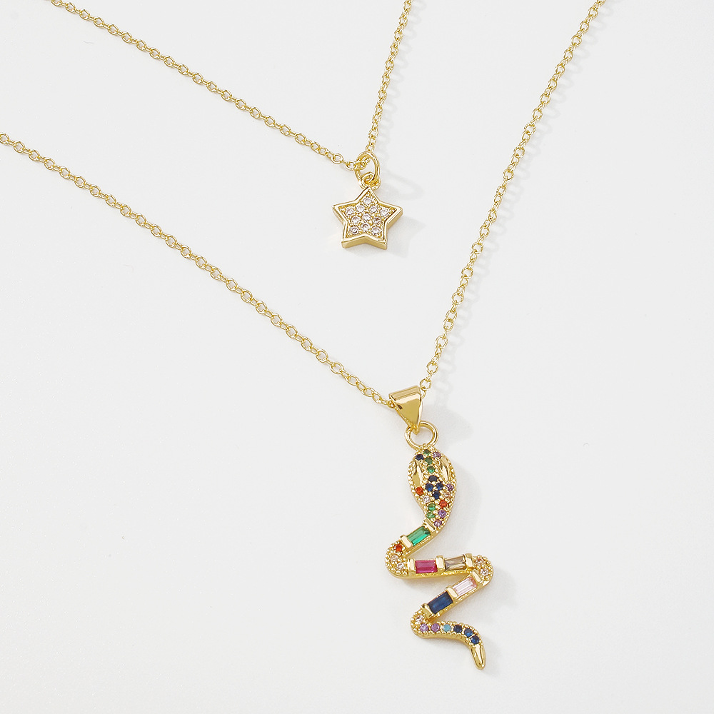 vintage exaggerated pentagram snake-shaped color zircon copper necklace wholesale