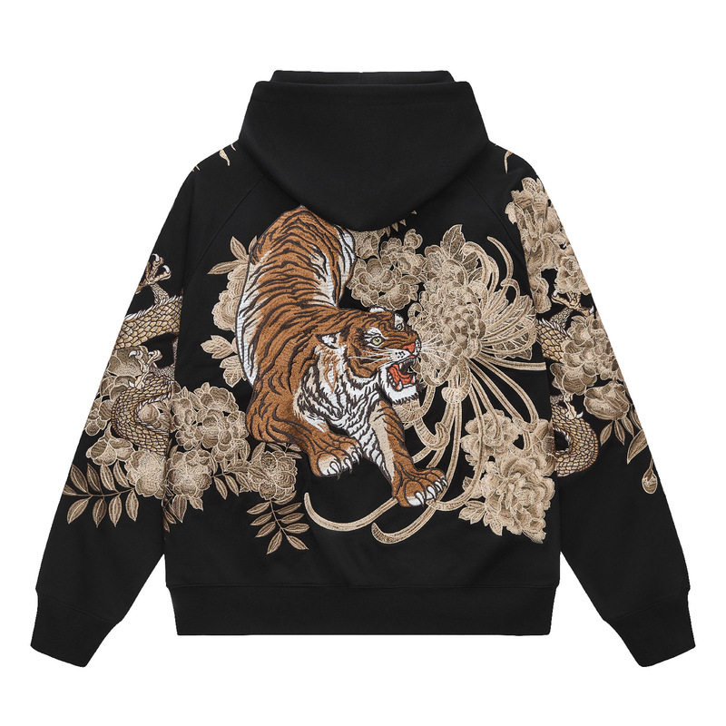Huaxia Junpin Chinese Style Embroidered Dragon and Tiger Design Hooded Cardigan Sweatshirt Streetwear Jacket W026